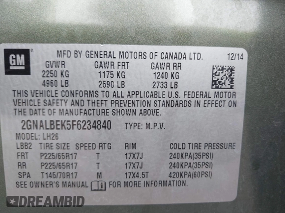 2015 Chevrolet Equinox LT z VIN 2GNALBEK5F6234840, wystawiony jako IAAI lot #42226036 z przebiegiem 92 669 mil mil oraz . Historia ofert i sprzedaży dostępna na DreamBid. Obrazek 9.