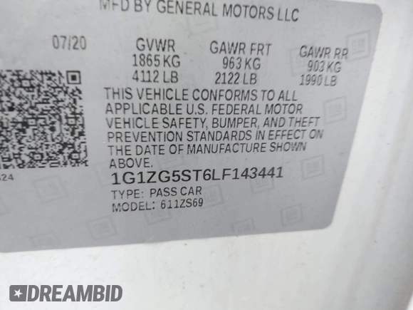 2020 Chevrolet Malibu RS with VIN 1G1ZG5ST6LF143441, listed as a IAAI auction lot 41781510 with 56,432 mi miles and . Bid and sale history available at DreamBid. Image 9.