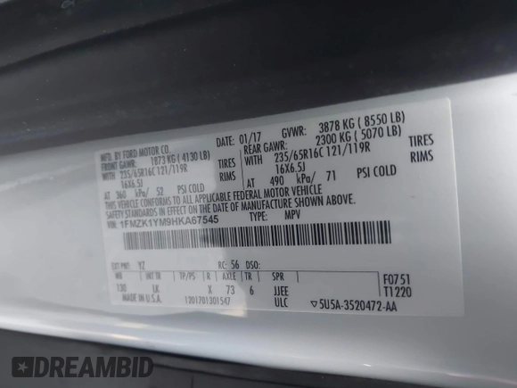 2017 Ford Transit XL с VIN 1FMZK1YM9HKA67545, выставлен на аукционе IAAI как лот 41781010 с пробегом 46 544 миль миль и . История ставок и продаж доступна на DreamBid. Изображение 9.