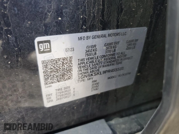 2023 Chevrolet Tahoe Premier with VIN 1GNSKSKL9PR455531, listed as a Copart auction lot 54576805 with Not provided miles and Salvage title. Bid and sale history available at DreamBid. Image 13.