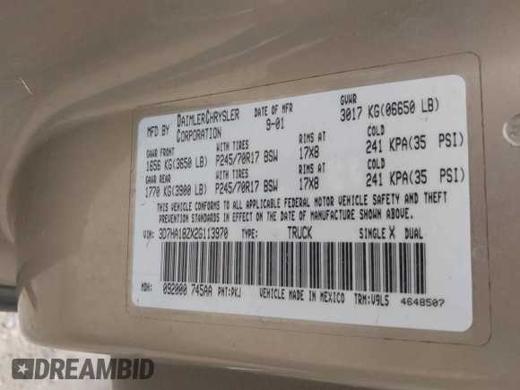 2002 Dodge 1500 with VIN 3D7HA18ZX2G113970, listed as a IAAI auction lot 42181170 with 178,919 mi miles and . Bid and sale history available at DreamBid. Image 9.