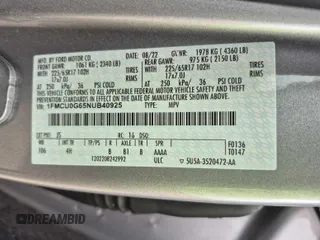 2022 Ford Escape SE z VIN 1FMCU0G65NUB40925, wystawiony jako IAAI lot #42841804 z przebiegiem 54 950 mil mil oraz . Historia ofert i sprzedaży dostępna na DreamBid. Obrazek 15.