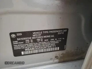 2016 BMW 3 Series 320i xDrive with VIN WBA8E5G55GNT94771, listed as a Copart auction lot 48237525 with 0 mi miles and Salvage Title. Bid and sale history available at carsss.com. Image 13.