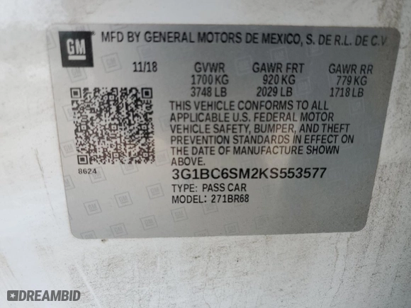 2019 Chevrolet Cruze LS with VIN 3G1BC6SM2KS553577, listed as a Copart auction lot 89324265 with 120,247 mi miles and Salvage Title. Bid and sale history available at carsss.com. Image 12.