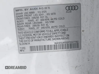 2015 Audi Q7 3.0T S line Prestige with VIN WA1DGAFE0FD027782, listed as a IAAI auction lot 41856552 with 116,563 mi miles. Bid and sale history available at carsss.com. Image 9.
