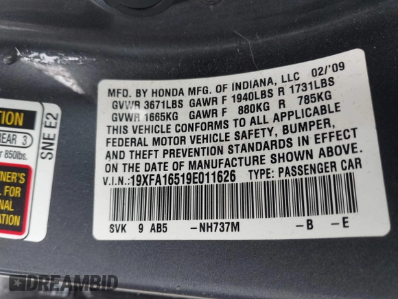 2009 Honda Civic LX z VIN 19XFA16519E011626, wystawiony jako IAAI lot #42252530 z przebiegiem 197 985 mil mil oraz . Historia ofert i sprzedaży dostępna na DreamBid. Obrazek 9.