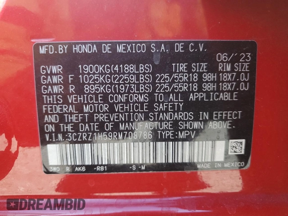 2024 Honda HR-V Sport with VIN 3CZRZ1H59RM708786, listed as a Copart auction lot 88551725 with 61,917 mi miles and Salvage Title. Bid and sale history available at carsss.com. Image 15.