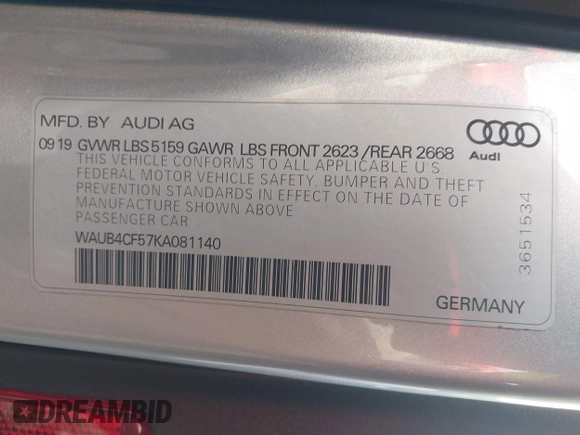 2019 Audi S5 Sportback Premium Plus z VIN WAUB4CF57KA081140, wystawiony jako IAAI lot #41179590 z przebiegiem 48 025 mil mil oraz . Historia ofert i sprzedaży dostępna na DreamBid. Obrazek 9.