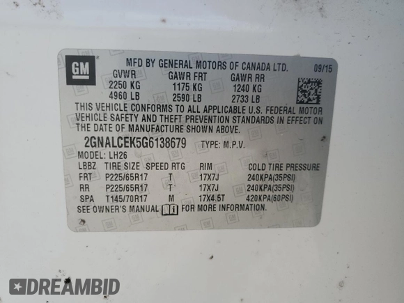 2016 Chevrolet Equinox LT with VIN 2GNALCEK5G6138679, listed as a Copart auction lot 52990455 with 161,921 mi miles and Salvage Title. Bid and sale history available at carsss.com. Image 14.