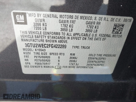 2015 GMC Sierra 1500 Denali with VIN 3GTU2WEC2FG422289, listed as a IAAI auction lot 42023170 with 165,856 mi miles and . Bid and sale history available at DreamBid. Image 9.