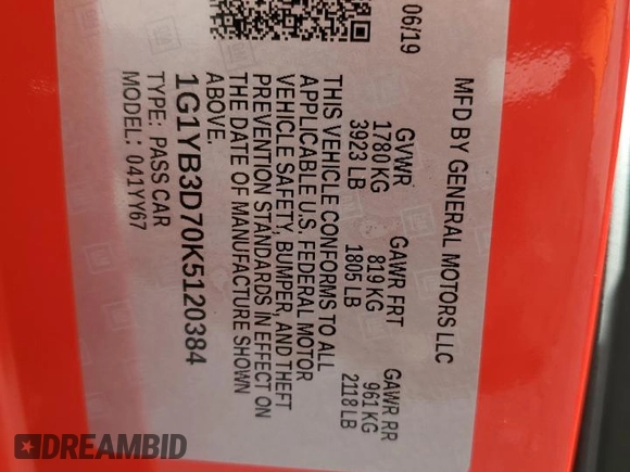 2019 Chevrolet Corvette 1LT with VIN 1G1YB3D70K5120384, listed as a Copart auction lot 45151405 with 27,450 mi miles and Salvage Title. Bid and sale history available at carsss.com. Image 13.