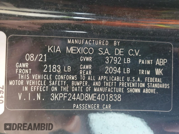 2021 Kia Forte LXS with VIN 3KPF24AD8ME401838, listed as a Copart auction lot 55129195 with 123,247 mi miles and Salvage title. Bid and sale history available at DreamBid. Image 13.