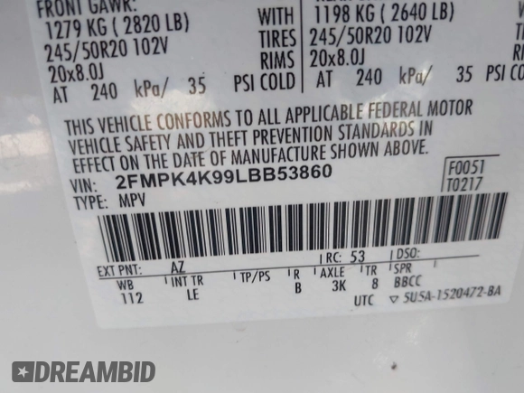 2020 Ford Edge Titanium с VIN 2FMPK4K99LBB53860, выставлен на аукционе IAAI как лот 42467153 с пробегом 85 503 миль миль и . История ставок и продаж доступна на DreamBid. Изображение 9.