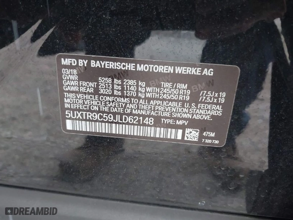 2018 BMW X3 xDrive30i with VIN 5UXTR9C59JLD62148, listed as a IAAI auction lot 41213686 with 1 mi miles. Bid and sale history available at carsss.com. Image 9.