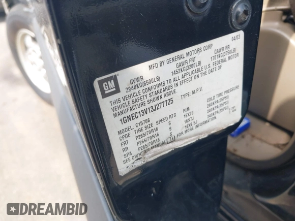 2003 Chevrolet Tahoe LS with VIN 1GNEC13V13J277725, listed as a IAAI auction lot 42610589 with Not provided miles and . Bid and sale history available at DreamBid. Image 9.