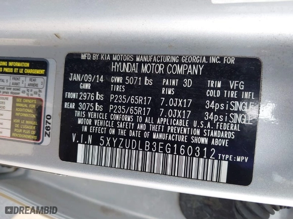2014 Hyundai Santa Fe Sport with VIN 5XYZUDLB3EG160312, listed as a IAAI auction lot 41581541 with NaN miles. Bid and sale history available at carsss.com. Image 9.