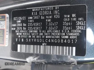 2022 Kia Sorento LX with VIN 5XYRGDLC4NG084017, listed as a IAAI auction lot 41835579 with 46,185 mi miles and . Bid and sale history available at DreamBid. Image 9.