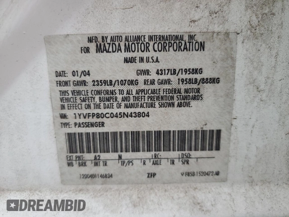 2004 Mazda 6 i with VIN 1YVFP80C045N43804, listed as a Copart auction lot 45563525 with 176,025 mi miles and Salvage Title. Bid and sale history available at DreamBid. Image 12.
