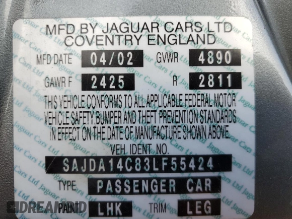 2003 Jaguar XJ 8 z VIN SAJDA14C83LF55424, wystawiony jako Copart lot #86324864 z przebiegiem 110 244 mil mil oraz Szkoda całkowita • Salvage title. Historia ofert i sprzedaży dostępna na DreamBid. Obrazek 12.