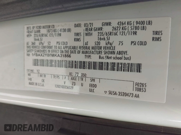 2021 Ford Transit Passenger XL with VIN 1FBAX2Y80MKA31866, listed as a IAAI auction lot 42445861 with 65,193 mi miles and . Bid and sale history available at DreamBid. Image 9.