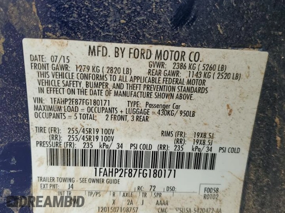 2015 Ford Taurus Limited with VIN 1FAHP2F87FG180171, listed as a Copart auction lot 49174995 with 135,625 mi miles and Salvage Title. Bid and sale history available at carsss.com. Image 12.