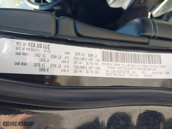2015 Jeep Grand Cherokee Limited with VIN 1C4RJFBG4FC827251, listed as a IAAI auction lot 41930563 with 94,208 mi miles. Bid and sale history available at carsss.com. Image 9.