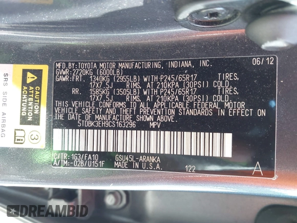 2012 Toyota Highlander with VIN 5TDBK3EH9CS163296, listed as a IAAI auction lot 42512522 with 145,886 mi miles and . Bid and sale history available at DreamBid. Image 9.