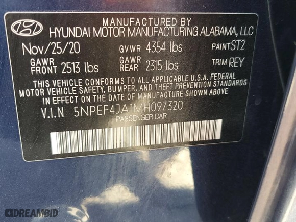 2021 Hyundai Sonata SEL with VIN 5NPEF4JA1MH097320, listed as a Copart auction lot 42179205 with 45,309 mi miles and Salvage Title. Bid and sale history available at carsss.com. Image 14.