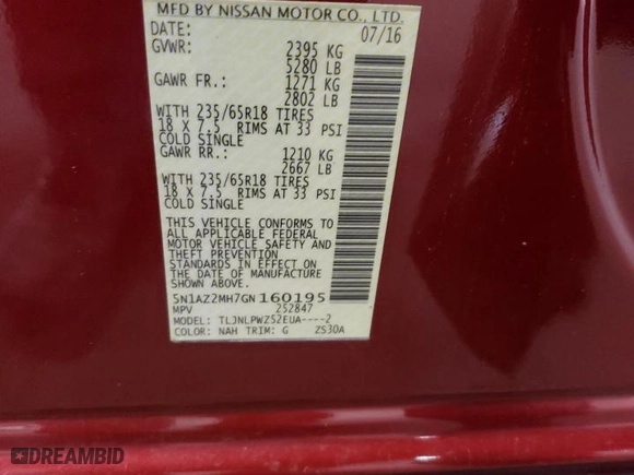 2016 Nissan Murano S with VIN 5N1AZ2MH7GN160195, listed as a Copart auction lot 47501245 with 201,155 mi miles and Salvage Title. Bid and sale history available at carsss.com. Image 13.