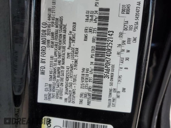 2013 Ford Fusion SE with VIN 3FA6P0H74DR252143, listed as a Copart auction lot 42960555 with 152,845 mi miles and Salvage Title. Bid and sale history available at DreamBid. Image 12.