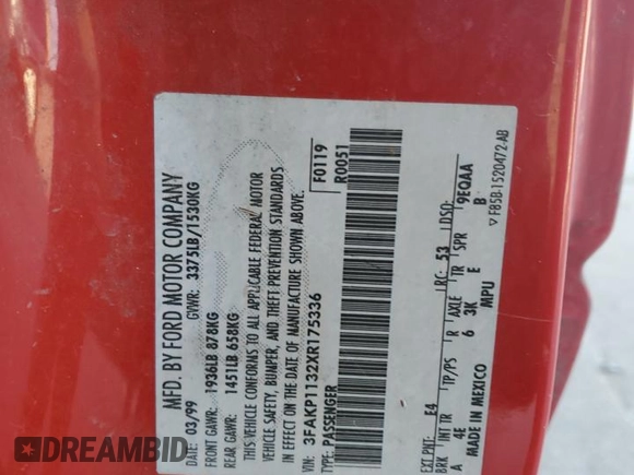 1999 Ford Escort Cool z VIN 3FAKP1132XR175336, wystawiony jako Copart lot #88777235 z przebiegiem 189 227 mil mil oraz Szkoda całkowita • Salvage title. Historia ofert i sprzedaży dostępna na DreamBid. Obrazek 14.