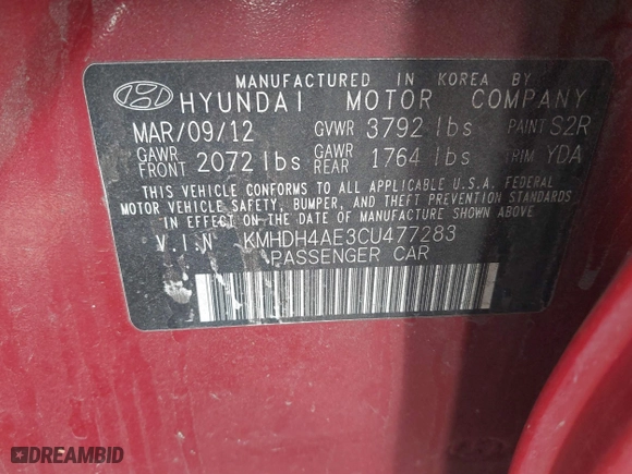 2012 Hyundai Elantra GLS with VIN KMHDH4AE3CU477283, listed as a IAAI auction lot 41701491 with 210,614 mi miles. Bid and sale history available at carsss.com. Image 9.