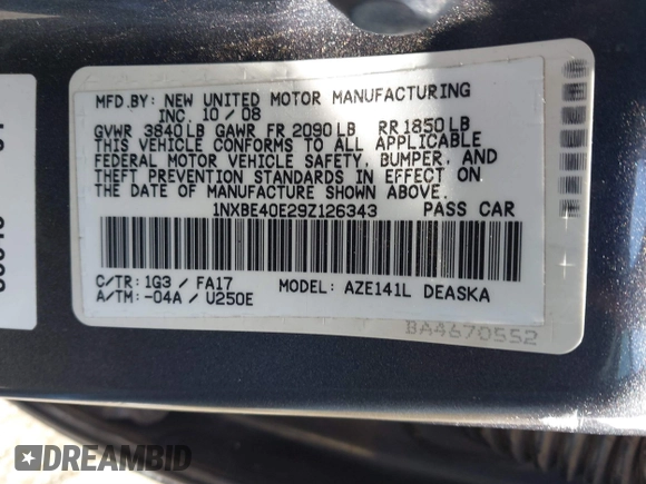 2009 Toyota Corolla XRS with VIN 1NXBE40E29Z126343, listed as a IAAI auction lot 41493160 with 75,500 mi miles. Bid and sale history available at carsss.com. Image 9.