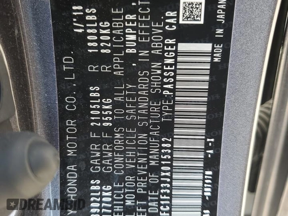 2018 Honda Civic EX-T z VIN JHMFC1F33JX015382, wystawiony jako Copart lot #56544985 z przebiegiem 71 383 mil mil oraz Szkoda całkowita • Salvage title. Historia ofert i sprzedaży dostępna na DreamBid. Obrazek 13.