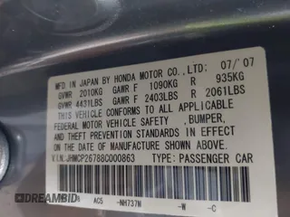 2008 Honda Accord EX with VIN JHMCP26788C000863, listed as a IAAI auction lot 42173616 with 188,904 mi miles and . Bid and sale history available at DreamBid. Image 9.