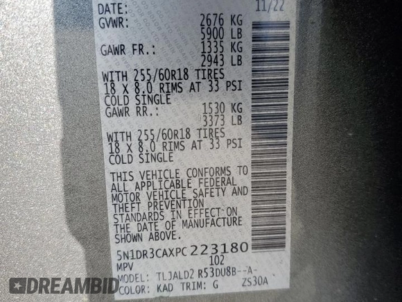 2023 Nissan Pathfinder SL with VIN 5N1DR3CAXPC223180, listed as a Copart auction lot 54917625 with 23,421 mi miles and Salvage title. Bid and sale history available at DreamBid. Image 14.