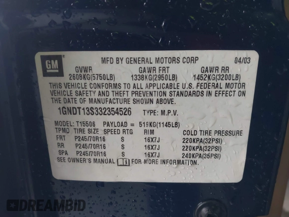 2003 Chevrolet TrailBlazer LS with VIN 1GNDT13S332354526, listed as a IAAI auction lot 42023178 with Not Provided miles and . Bid and sale history available at DreamBid. Image 9.