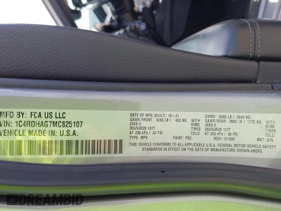 2021 Dodge Durango SXT with VIN 1C4RDHAG7MC825107, listed as a IAAI auction lot 42066202 with 141,367 mi miles and . Bid and sale history available at DreamBid. Image 9.