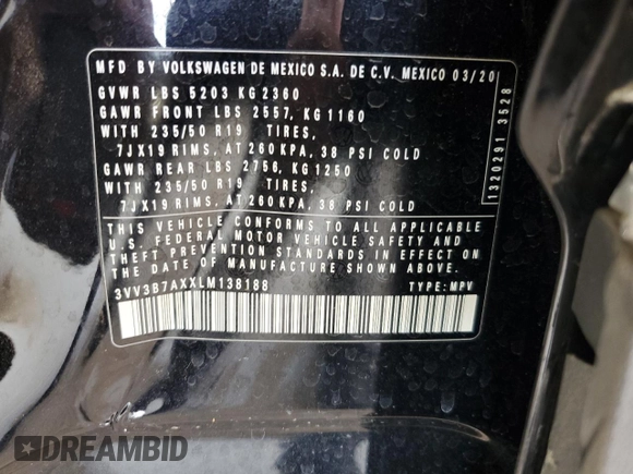 2020 Volkswagen Tiguan SE z VIN 3VV3B7AXXLM138188, wystawiony jako Copart lot #52787085 z przebiegiem 58 363 mil mil oraz Szkody całkowita. Historia ofert i sprzedaży dostępna na DreamBid. Obrazek 13.