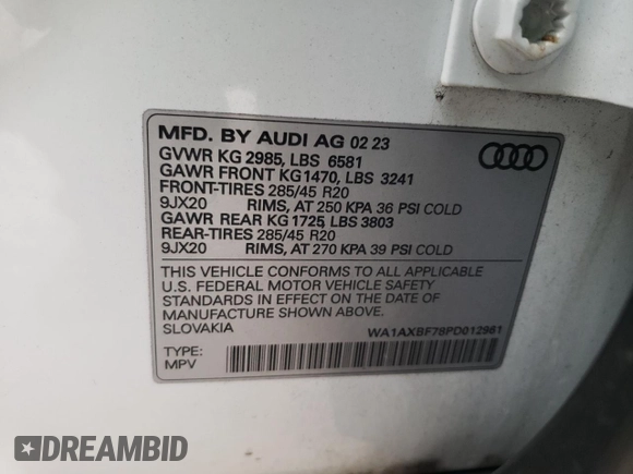 2023 Audi Q7 Premium z VIN WA1AXBF78PD012961, wystawiony jako Copart lot #83528094 z przebiegiem 31 698 mil mil oraz Szkoda całkowita • Salvage title. Historia ofert i sprzedaży dostępna na DreamBid. Obrazek 15.
