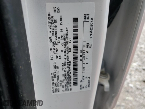 2019 Ford F-350 XL z VIN 1FT8W3BT3KED23989, wystawiony jako Copart lot #52082165 z przebiegiem 129 150 mil mil oraz Szkoda całkowita • Salvage title. Historia ofert i sprzedaży dostępna na DreamBid. Obrazek 12.