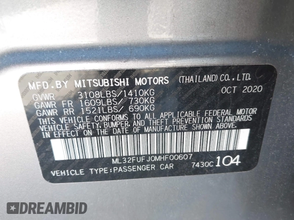 2021 Mitsubishi Mirage G4 ES with VIN ML32FUFJ0MHF00607, listed as a IAAI auction lot 41448300 with 30,045 mi miles. Bid and sale history available at carsss.com. Image 9.