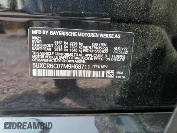 2021 BMW X5 xDrive40i with VIN 5UXCR6C07M9H68711, listed as a Copart auction lot 58984535 with 35,826 mi miles and Salvage title. Bid and sale history available at DreamBid. Image 13.