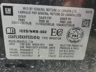 2015 GMC Terrain SLE with VIN 2GKFLVEKXF6354542, listed as a Copart auction lot 63463614 with 212,163 mi miles and Salvage Title. Bid and sale history available at DreamBid. Image 13.