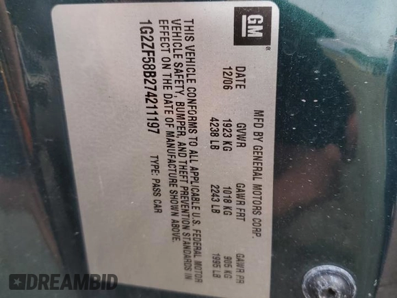 2007 Pontiac G6 1SV Value Leader with VIN 1G2ZF58B274211197, listed as a Copart auction lot 85816364 with 68,974 mi miles and Clean Title. Bid and sale history available at DreamBid. Image 15.