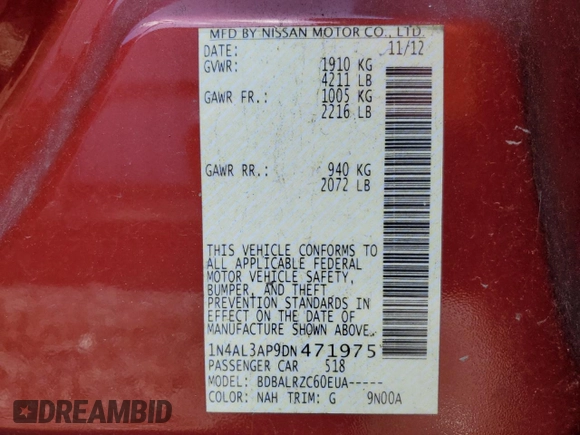 2013 Nissan Altima S with VIN 1N4AL3AP9DN471975, listed as a Copart auction lot 77129624 with 232,068 mi miles and Salvage Title. Bid and sale history available at DreamBid. Image 14.