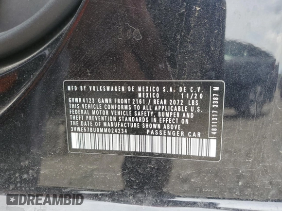 2021 Volkswagen Jetta SEL with VIN 3VWE57BU0MM024234, listed as a Copart auction lot 55984305 with 134,565 mi miles and Salvage title. Bid and sale history available at DreamBid. Image 12.