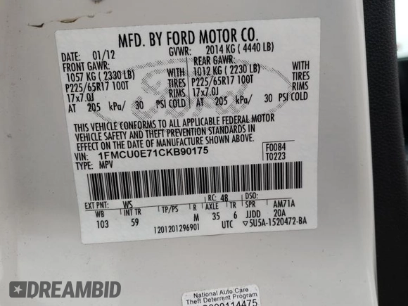2012 Ford Escape Limited with VIN 1FMCU0E71CKB90175, listed as a Copart auction lot 79106304 with Not Provided miles and Salvage Title. Bid and sale history available at DreamBid. Image 13.