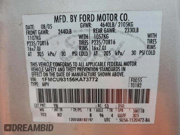 2006 Ford Escape XLT with VIN 1FMCU93156KA73772, listed as a Copart auction lot 55658445 with 217,335 mi miles and Salvage title. Bid and sale history available at DreamBid. Image 13.