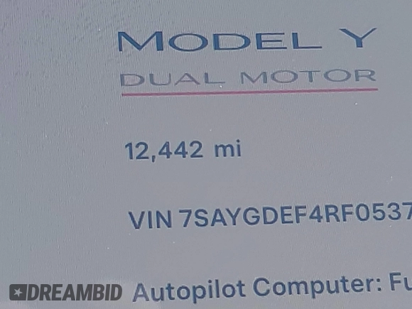 2024 Tesla Model Y Performance with VIN 7SAYGDEF4RF053711, listed as a IAAI auction lot 41836931 with 12,442 mi miles and . Bid and sale history available at DreamBid. Image 15.